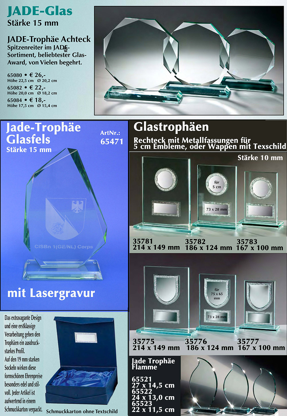 Glastrophäen in Jade-Glas, zahlreiche Möglichkeiten