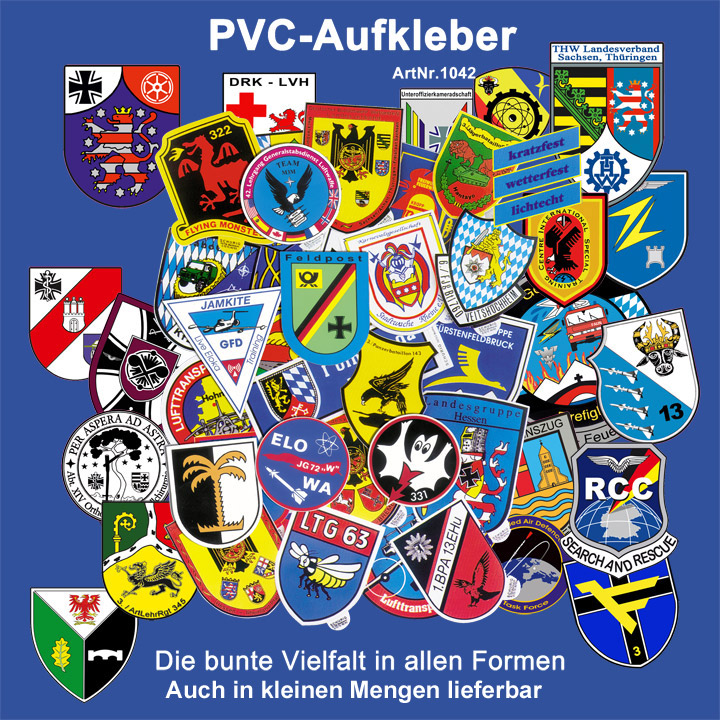 Bild zeigt eine Vielzahl an möglichen PVC Aufklebern und Außenaufklebern, die Schurig in Bellheim anfertigt