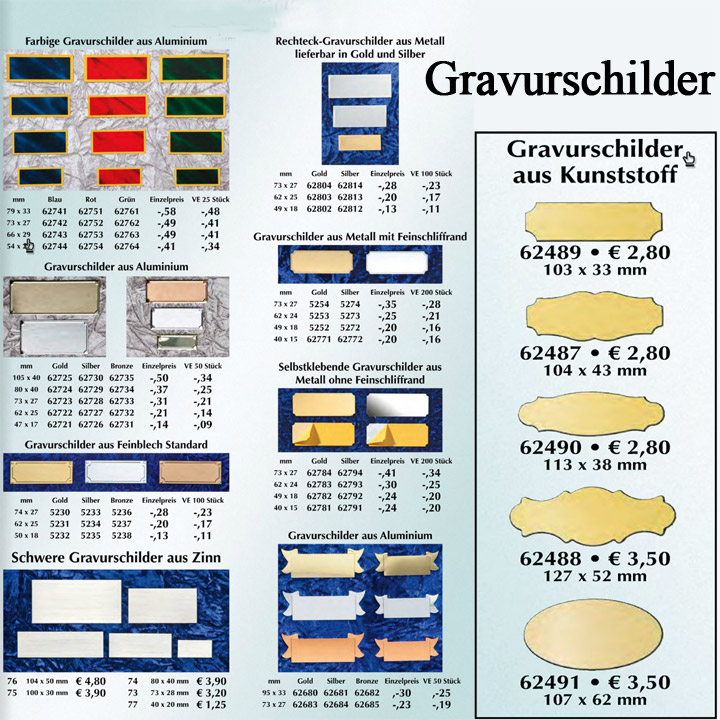 Auswahl an Gravurmöglichkeiten für Gravurschilder